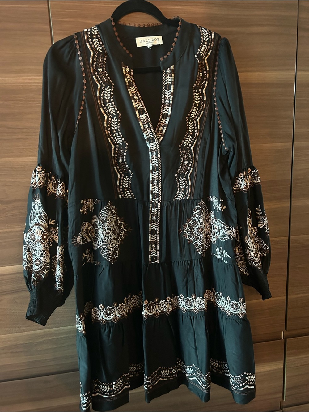 Hale Bob Black Tunic with Cream Embroidery